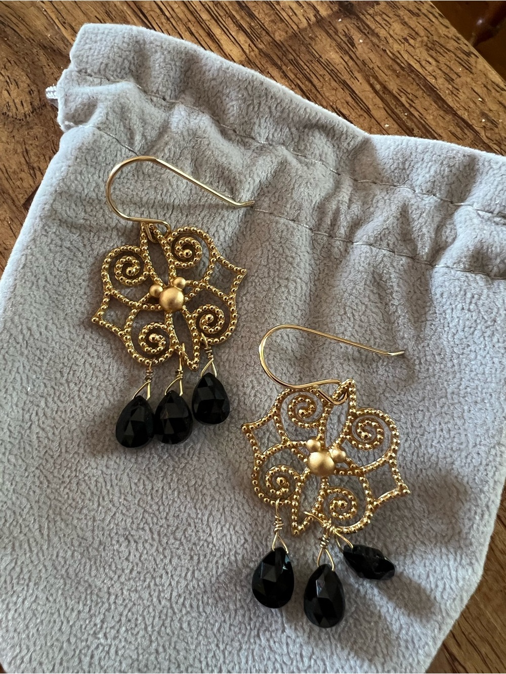 Mickey Mouse Filigree Drop Earrings with Black Teardrop Stones